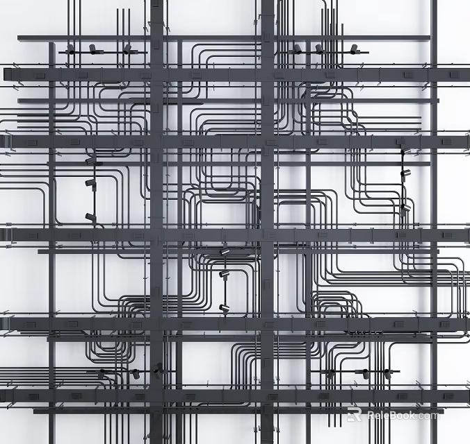 Suspended Ceiling Structure With Grid Metal Framework And Complex Pipelines Layout 3d model 