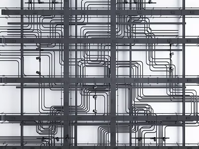 Suspended Ceiling Structure With Grid Metal Framework And Complex Pipelines Layout 3d model