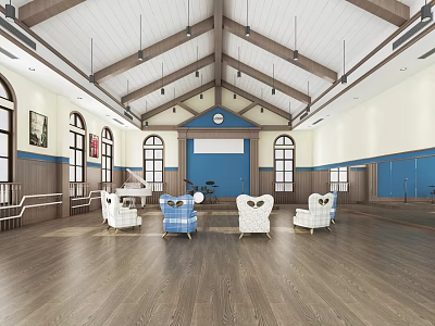 School Hall With Wooden Floors Arched Windows Blue Walls Piano And White Chairs 3d model