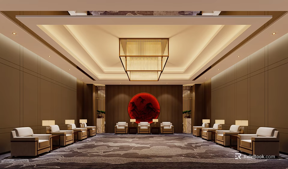 Hotel Public Lounge with Chandelier Red Artwork Comfortable Seating and Columns 3d model 