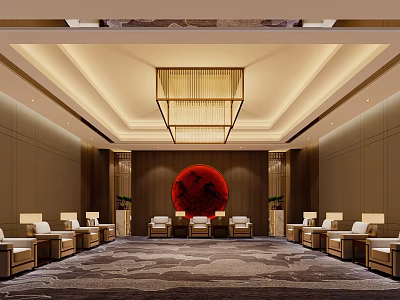 Hotel Public Lounge with Chandelier Red Artwork Comfortable Seating and Columns 3d model