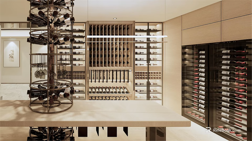 Luxury Wine Cellar Interior With Glass Racks Wooden Shelves And Organized Wine Bottles 3d model 