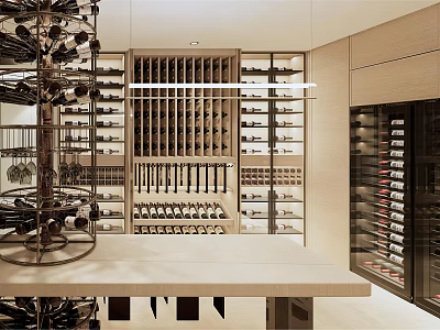 Luxury Wine Cellar Interior With Glass Racks Wooden Shelves And Organized Wine Bottles 3d model