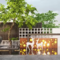 Tranquil Garden Landscape With Green Trees Water Fountain And Deer Sculptures