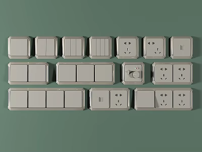 White Switch Panels with Single Double Socket Types Arranged on Green Background 3d model