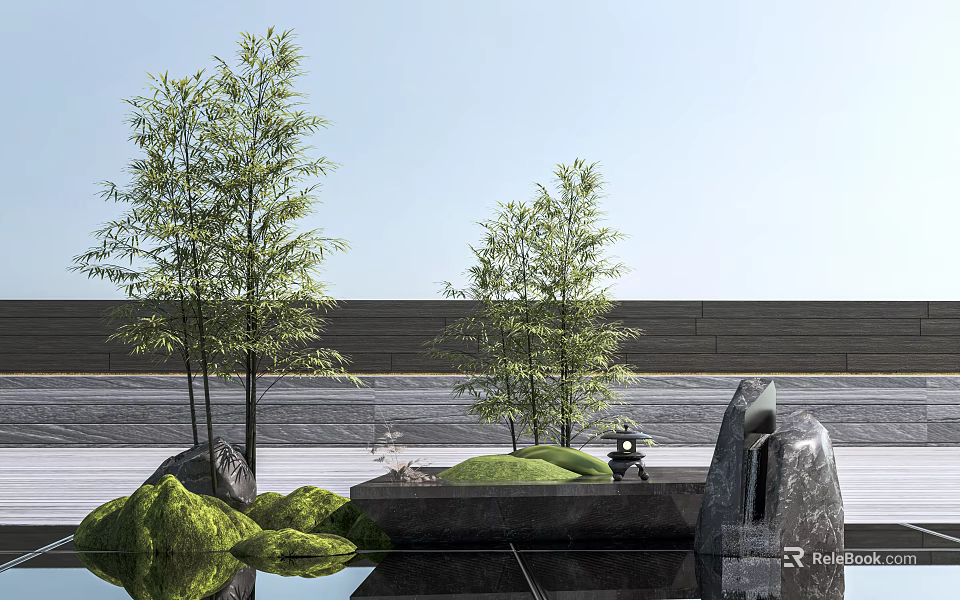 Japanese Karesansui Garden With Tall Bamboo Stones Green Moss And Reflective Water 3d model 