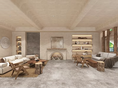 Warm Living Room Interior Design With Sofa Fireplace Wooden Chairs And Shelves 3d model