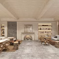 Warm Living Room Interior Design With Sofa Fireplace Wooden Chairs And Shelves