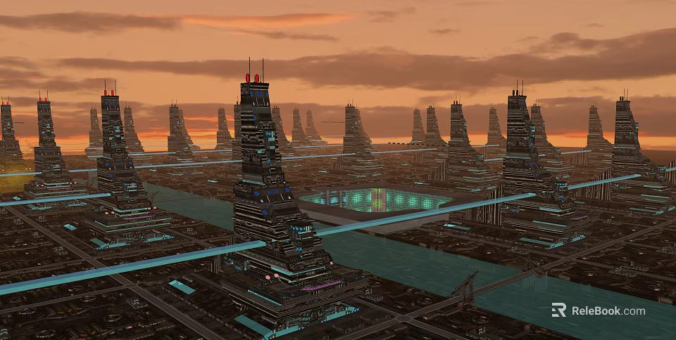 Futuristic Sci Fi Cityscape With Towering Skyscrapers And Sunset Sky Glow 3d model 