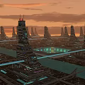 Futuristic Sci Fi Cityscape With Towering Skyscrapers And Sunset Sky Glow