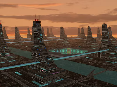 Futuristic Sci Fi Cityscape With Towering Skyscrapers And Sunset Sky Glow 3d model
