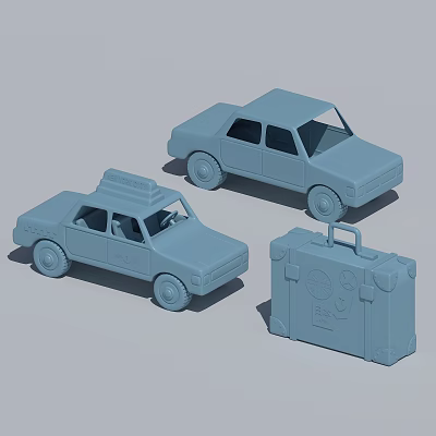 Gray Simple Toy Models Including Taxi Sedan And Suitcase On Gray Surface 3d model
