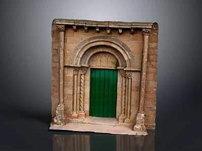 Ancient Stone Ornate Carved Door With Green Panel And Architectural Details 3d model