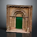 Ancient Stone Ornate Carved Door With Green Panel And Architectural Details