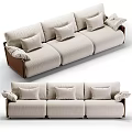 Comfortable Light Colored Three Seater Sofa With Soft Fabric Cushions And Wooden Armrests