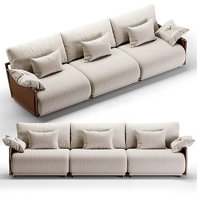 Comfortable Light Colored Three Seater Sofa With Soft Fabric Cushions And Wooden Armrests 3d model