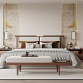 Elegant Double Bed in Modern Bedroom with Wooden Headboard Nightstands Table Lamps and Bench