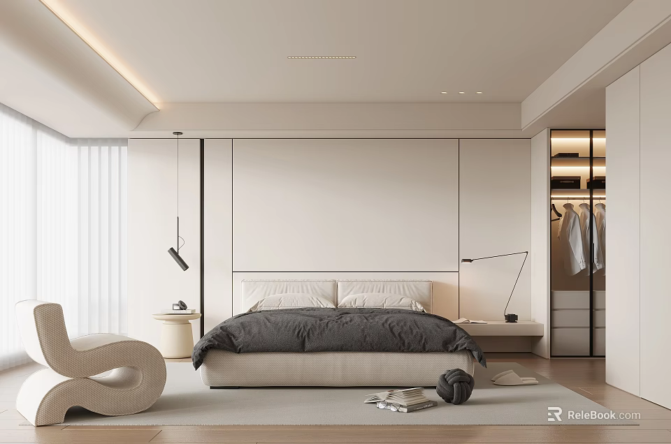 Modern Minimalist Bedroom Interior With Neutral Bed Side Tables And Curved Accent Chair 3d model 