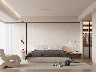 Modern Minimalist Bedroom Interior With Neutral Bed Side Tables And Curved Accent Chair 3d model