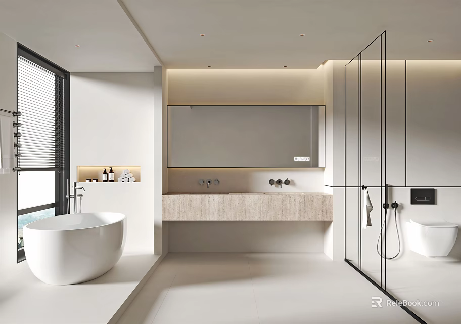 Modern Bathroom Interior With White Bathtub Large Mirror And Glass Shower Stall 3d model 