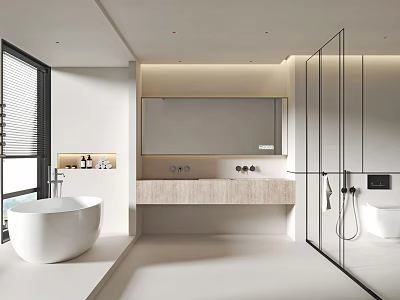 Modern Bathroom Interior With White Bathtub Large Mirror And Glass Shower Stall 3d model