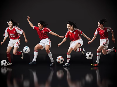 Women Soccer Players Running in Red Jerseys White Shorts with Soccer Balls 3d model