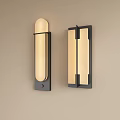 Two Modern Wall Sconces Different Designs Beige Shades Black Frames Mounted On Light Brown Wall 3d model