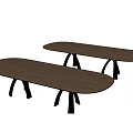 Two Oval Shaped Wooden Dining Tables With Black Metal Legs Design
