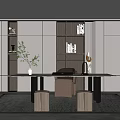 Modern Study Desk and Chair Combination Bookcase End View Table Chandelier Wall Decoration Carpet Curtain 3d model