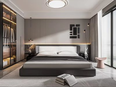 Modern Bedroom Interior With Gray Bed Wardrobe Lighting And Decorative Painting 3d model
