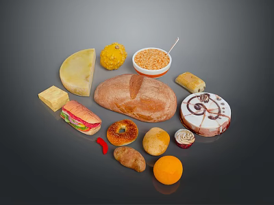 Assorted Delicious Food Items With Bread Cheese Sandwich Bagel Tart And Orange 3d model