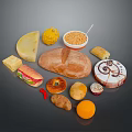 Assorted Delicious Food Items With Bread Cheese Sandwich Bagel Tart And Orange