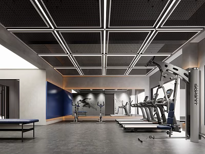 Modern Fitness Gym Interior Design With Treadmills Strength Training Machines And Ceiling Grille Lights 3d model