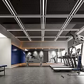 Modern Fitness Gym Interior Design With Treadmills Strength Training Machines And Ceiling Grille Lights