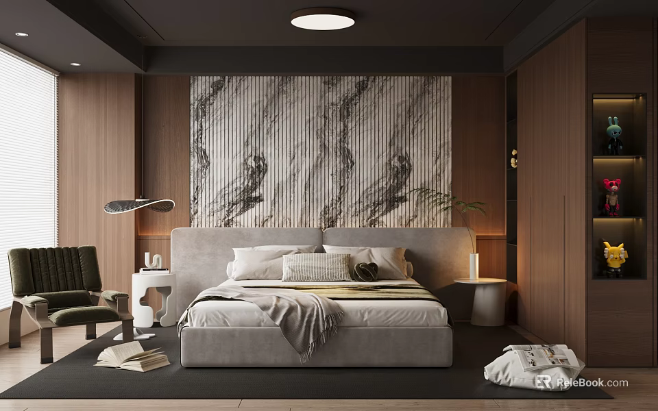 Modern Bedroom With Gray Bed Marble Textured Accent Wall Wooden Wardrobe And Green Armchair 3d model 