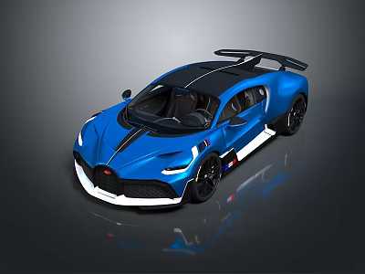 Blue Bugatti Sports Car with Black Roof Rear Spoiler and Streamlined Design 3d model