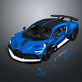 Blue Bugatti Sports Car with Black Roof Rear Spoiler and Streamlined Design
