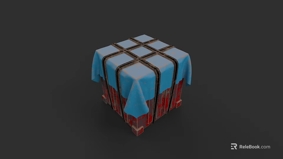 Weapon Crate Covered With Blue Cloth And Crossed Brown Straps 3d model 