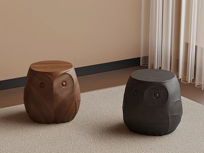 Owl Shaped Wooden And Black Stools In Interior With Carpet 3d model