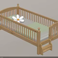 Wooden Children's Bed With Guardrails Small Ladder Light Green Blanket And White Flower Pillow