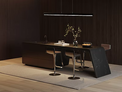 Modern Black Bar Counter With Marble Top Dark Wooden Walls Hanging Light And Bar Stools 3d model