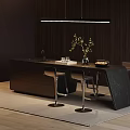 Modern Black Bar Counter With Marble Top Dark Wooden Walls Hanging Light And Bar Stools