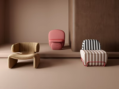Modern Single Sofa Designs With Beige Woven Pink And Striped Upholstery In Minimalist Interior 3d model
