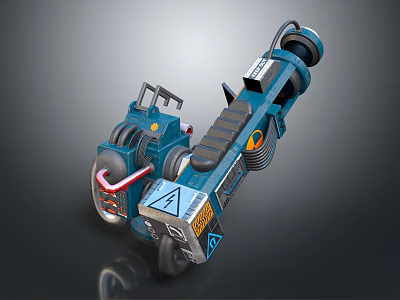 Blue Mobile Industrial Mechanical Device with Wheels Structural Arm and Warning Labels 3d model