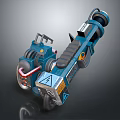 Blue Mobile Industrial Mechanical Device with Wheels Structural Arm and Warning Labels 3d model