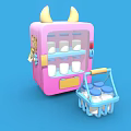 Cute Pink Refrigerator With Yellow Horns Blue Basket Milk Cartons And Price Tag