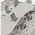 Modern Conference Table With Light Textured Surface Laptop And Gray White Office Chairs