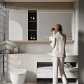 Sleek Modern Bathroom Set with Marble Countertop Wall Mirror Toilet Storage Cabinets and Potted Plant