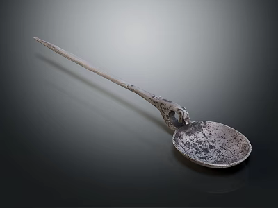 Vintage Silver Tableware Set Featuring Long Handle Decorative Spoon With Distressed Texture 3d model