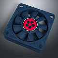 Square Shaped Blue Air Conditioner Fan Featuring Red Center Logo And Blades